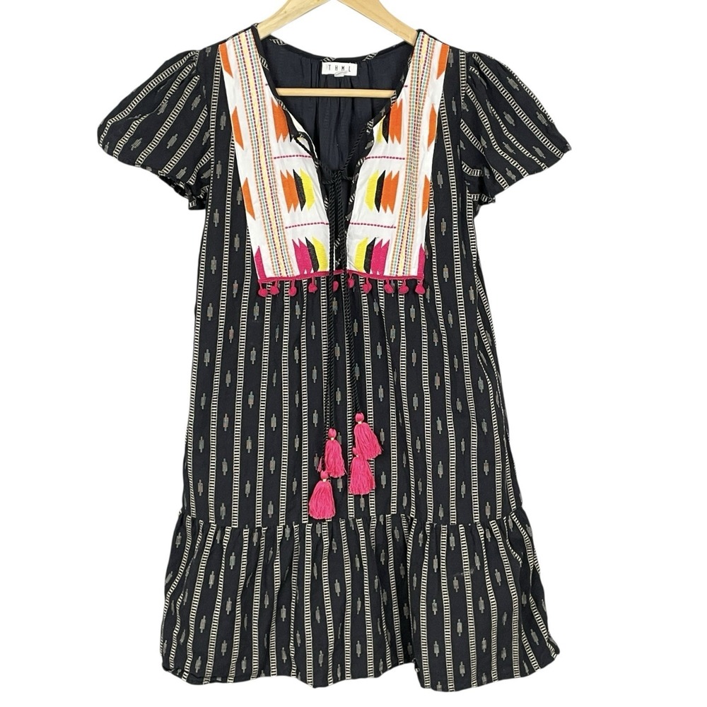THMLโ Anthropologie Embroider Puff Sleeve Mini Dress Small Aztec Boho Ruffle Hem